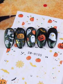 2 Stück Halloween Gruselige Nagelaufkleber, süße Cartoon Kürbis Geist Hexenhut Spinnennetz Nagelaufkleber, selbstklebendes Horror-Stil Nagelkunst Design Nageldekoration - Verschiedenfarbig - Übersicht 7