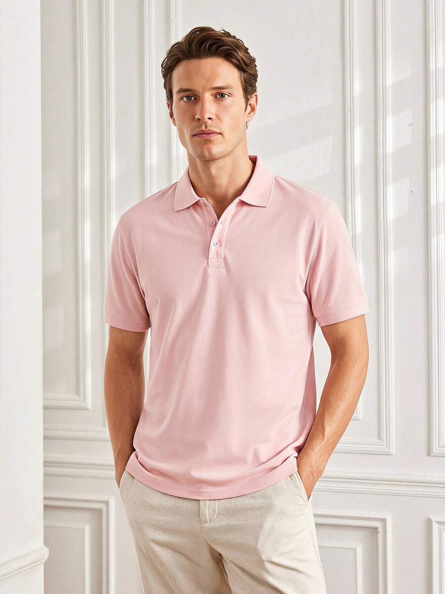 Officeau 男士纯色短袖休闲通勤 Polo 衫,适合高尔夫运动,黑色 Polo 衫 - 粉色 - 查看 1