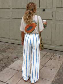 Women's Summer Pink Striped Wide Leg Pants, High Waist Casual Loose Beach Pants, Bohemian Style Pink Vertical Striped Straight Leg Long Pants - White and Blue - View 4