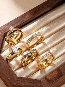 5pcs Elegant Stainless Steel Gold Tone Ring Set For Women, Includes Roman Letter, Cubic Zirconia, Teardrop Rhinestone Elements, Suitable For Daily Wear And Festive Accessories - Gold - View 12
