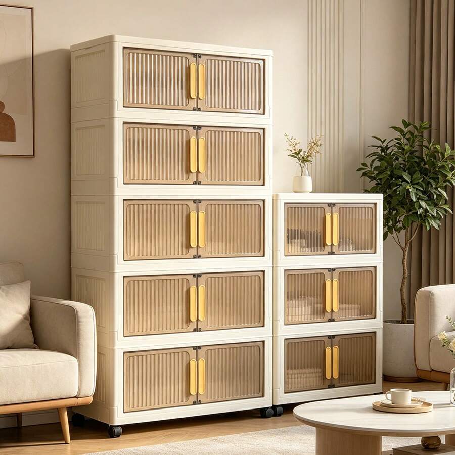 Extra Foldable Storage Cabinet With Lid And Wheels, 2/4/5 Tier Stackable Storage Cabinets, Dustproof Plastic Storage Bins With Doors, Organization & Storage Bins For Bedroom, Kitchen, Closet, Bathroom, Home, Office, Dorm - Local Warehouse - View 1