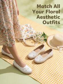Girls Embroidered Straw Sole Kids Flat Shoes, Soft Round Toe Low Top Casual Shoes For Outdoor & School Performance, All Seasons Wear - Beige - View 2