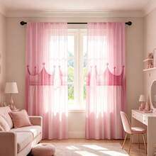 2PCS Pink Crown Curtains, Three Pink Crown Patterns, Rod Pocket, Polyester Fiber Material, Half Transparent Machine Washable Curtains For Living Room, Bedroom, Balcony, And Study Decoration, Sweet Decorative Curtains,2D Flat Printing - Multicolor - View 2
