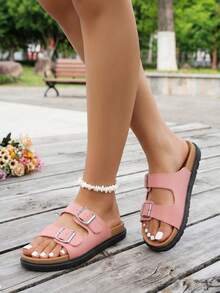 Women Comfort Slide Sandals With Double Buckle Straps, Open Toe Flat Shoes, Lightweight Casual Slippers For Summer Daily Outfits - Nude Pink - View 4