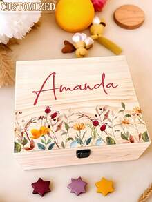 Personalized Custom Name Wildflower Wooden Memorial Box, Custom Floral Wooden Memory Storage Box, Unique Jewelry Box, Customized Birthday Bridesmaid Graduation Gift, Suitable For Girls Women Her - Multicolor - View 3