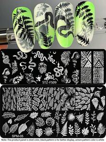 2Pcs Nail Stamping Plates Set, Stainless Steel Nail Art Template With Snake, Reptile Print, Tropical Fern Leaf & Monstera Pattern, Summer Wild Nature Gothic Y2K Nail Stamp Plate For DIY Salon Manicure, Nail Supplies, Halloween Nail Accessories Tools - Silver - View 2