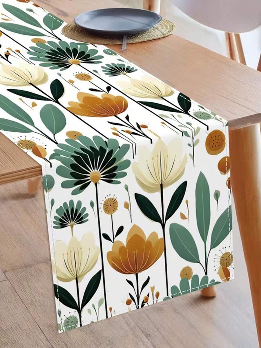 1pc, Spring Green Leaves Pattern Table Runner, 13x35.4/47.2/63/72/78.7 Inch Polyester Holiday Party Table Decor, Home Kitchen Decor, Home Decor, Gift - Green - View 1