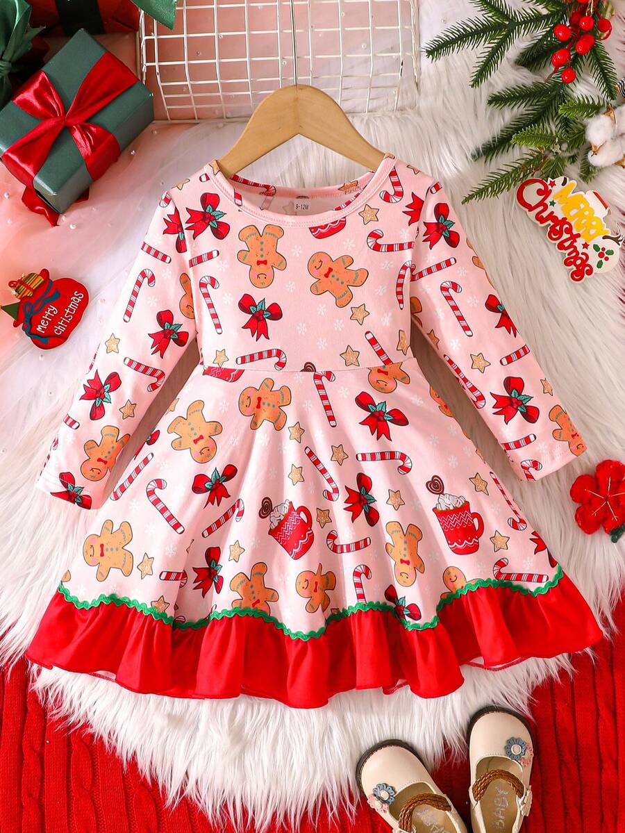 Baby Girls Sweet Cute Autumn/Winter Christmas New Style Christmas Gift Pattern Print Round Neck Long Sleeve Color Block Flared Dress Christmas Party Holiday Atmosphere - Red - View 1