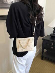 Damen-Quadrat-Handtasche mit modischem Muster, elegant und sanft, Umhängetasche geeignet für Einkaufen, Pendeln, Urlaub, Beige - Beige - Übersicht 6