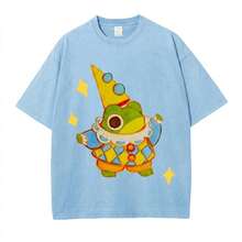 Summer Tops 100% Cotton, Funny Clown Frog Print T-Shirt, Suitable For Daily Wear, A Must-Have For The Beach, Cute Cartoon Pattern, Unisex, Perfect Gif - 粉紅藍色 - 查看 1