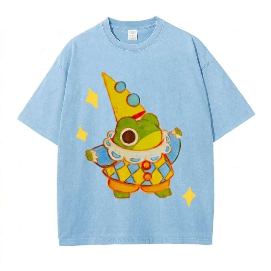 Summer Tops 100% Cotton, Funny Clown Frog Print T-Shirt, Suitable For Daily Wear, A Must-Have For The Beach, Cute Cartoon Pattern, Unisex, Perfect Gif - 粉紅藍色 - 查看 1
