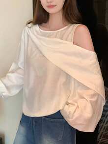 French Style Asymmetrical White Off-Shoulder Long Sleeve Blouse For Women - White - View 6
