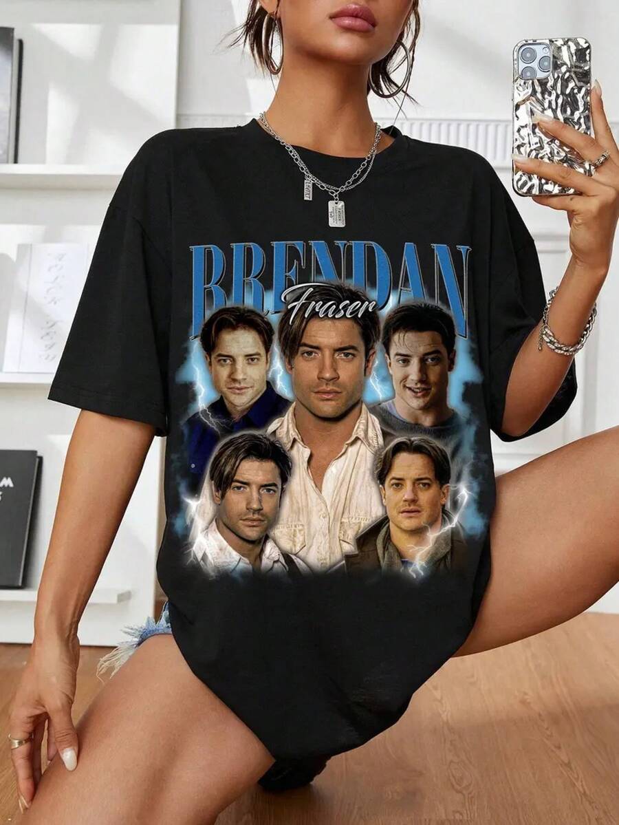 Black T-Shirt Collage Portraits Brendan Fraser With Lightning And Mist, Short Sleeves Round Neck Unisex Vintage 90s Style - 黑色 - 查看 1