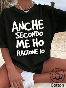 ALSO SECOND I'M RIGHT Women's Loose-Fit T-Shirt With Humorous Text Print, Summer Top, K-Pop Warrior Series, Pure Cotton Top, Women's Clothing, Summer - 黑色 - 查看 1