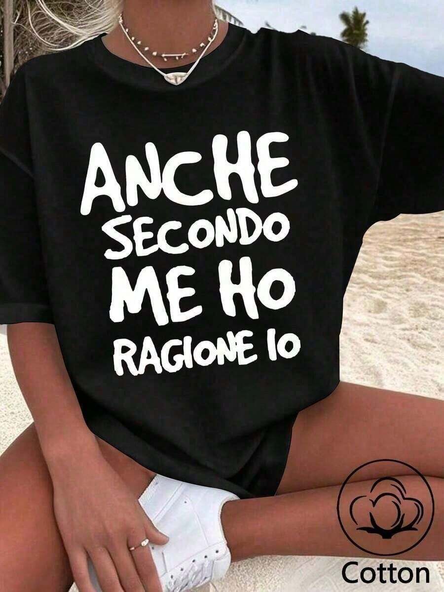 ALSO SECOND I'M RIGHT Women's Loose-Fit T-Shirt With Humorous Text Print, Summer Top, K-Pop Warrior Series, Pure Cotton Top, Women's Clothing, Summer - 黑色 - 查看 1