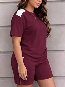 Spring Summer Autumn Women's Casual Round Neck Short Sleeve Top And Shorts Set, With Pockets, Slightly Elastic Fabric Elegant - Wine Red 29 + White - View 4