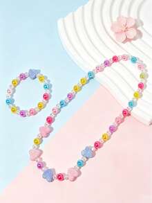 2pcs/Set Children's Sweet Cute Heart-Shaped Beaded Necklace & Bracelet Jewelry Set, Suitable For Holiday Parties, Birthday Gifts, Daily Wear - one-size - View 4