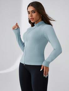 Leorrey 1pc Women's Ribbed Double Zipper Stand Collar Fitness Workout Yoga Running Cycling Long Sleeve Sports Jacket - Baby Blue - View 9