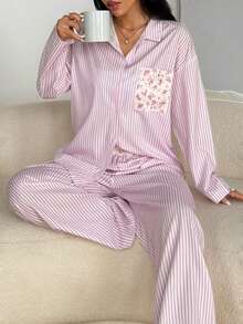 Nina Bonheur Bộ đồ ngủ nữ 2 món/set áo dài tay dáng rộng thoải mái thoáng khí + quần dài dễ thương - Hồng - Xem 2