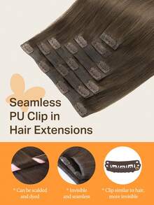 DOORES Seamless Clip-In Hair Extensions, 130g-150g, 7pcs/Pack, Light Ash Brown, Natural Straight Remy Human Hair, PU Invisible Clip-In Hair Pieces, Stylable - S5 - View 6