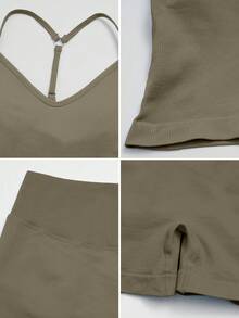 NcmRyu Setelan Olahraga Wanita Satu Set Warna Polos Model Y-Back dengan Gesper Logam yang Dapat Diatur, Tali Bahu Tipis, dan Pinggang Tinggi Bergaris - Olive Green - View 4