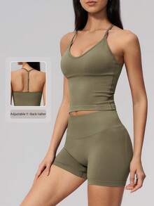 NcmRyu Setelan Olahraga Wanita Satu Set Warna Polos Model Y-Back dengan Gesper Logam yang Dapat Diatur, Tali Bahu Tipis, dan Pinggang Tinggi Bergaris - Olive Green - View 1