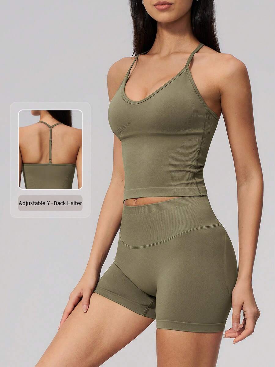 NcmRyu Setelan Olahraga Wanita Satu Set Warna Polos Model Y-Back dengan Gesper Logam yang Dapat Diatur, Tali Bahu Tipis, dan Pinggang Tinggi Bergaris - Olive Green - View 1