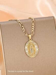 4pcs Vintage Virgin Mary Pendant Necklace, 14K Gold Plated Copper, 50cm Figaro Chain, Anti-Oxidation, Niche Low-Key Religious Style Neck Accessory, Girls Self-Wear, Communion, Birthday, Holiday Gift Jewelry - Yellow Gold - View 10