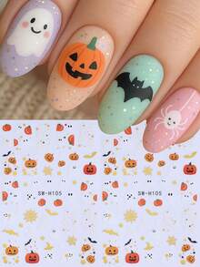 2 Stück Halloween Gruselige Nagelaufkleber, süße Cartoon Kürbis Geist Hexenhut Spinnennetz Nagelaufkleber, selbstklebendes Horror-Stil Nagelkunst Design Nageldekoration - Verschiedenfarbig - Übersicht 3