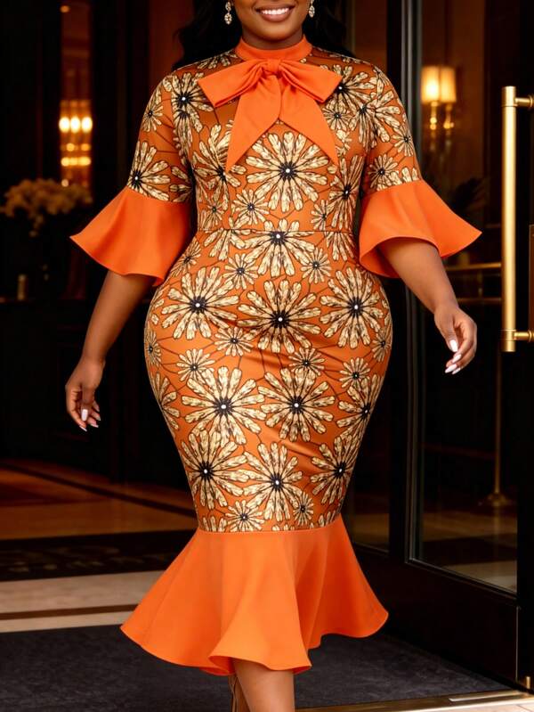 Plus Size Women Elegant Mermaid Cut Fitted Mid-Length Dress, With High Collar, Short Bell Sleeves And Big Bow, Suitable For Cocktail Party And Formal Occasions Wedding Spring