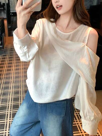 French Style Asymmetrical White Off-Shoulder Long Sleeve Blouse For Women