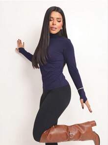 Basic Polyamide Blouse, Long Sleeves With Thumb Loops, High Neck. Second Skin, Plus Size/Slim. - 藏蓝色 - 查看 3