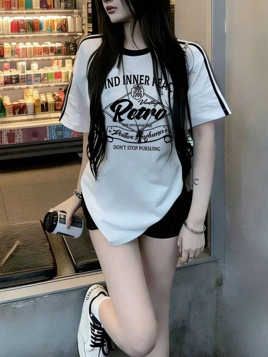 1件女款對比色圓領字母印花短袖T恤,寬鬆版型百搭運動風夏季上衣,白色 - 白色 - 查看 1