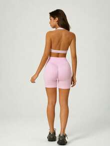 UONNOU Women's Sports Halter Backless Bra + High Waist Butt Lifting Shaping Shorts 2pcs Set, Seamless Yoga Outfit - Pink - View 9