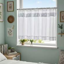 1PC New Japanese Style White Pleated Curtain With Double Layer White Sheer Edge Designer Window Curtain Small Window Curtain Kitchen Multi-Purpose Translucent Decorative Curtain Rod Pocket Design Decorative Small Window Curtain Kitchen Cafe Curtain Fresh Style Finished Rod Pocket Short Curtain - Beige - View 4