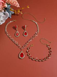 1 Set Women's Fashion Jewelry Set Including Necklace, Earrings And Bracelet - Golden Red - View 3