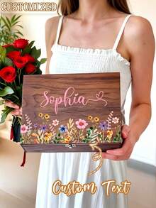 Personalized Custom Name Wildflower Wooden Memorial Box, Custom Floral Wooden Memory Storage Box, Unique Jewelry Box, Customized Birthday Bridesmaid Graduation Gift, Suitable For Girls Women Her - Multicolor - View 2