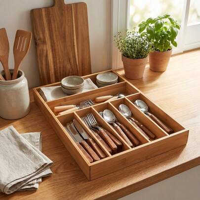 Bandeja organizadora de utensilios de cocina de bambú individual, 7 secciones de almacenamiento para cuchillos, tenedores y cucharas, ideal para organizar la cubertería en el cajón, -Amigable y resistente