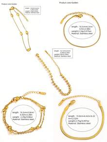 VceTd 5PCS/1PC French Gentle Style Multi-Chain Combination Stainless Steel Women's Bracelet Set, Suitable For Daily Commute Wear Or Best Friend Gathering Wear Or Holiday Gift For Girlfriend - Yellow Gold - View 2