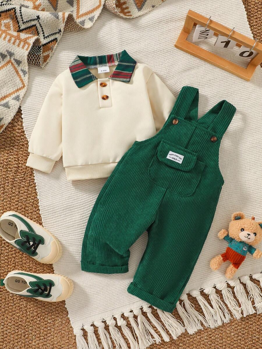 2pcs/Set Baby Boy Long Sleeve Plaid Collar Vintage Style Overalls Set, Spring/Autumn Children's Clothing - Multicolor - View 1