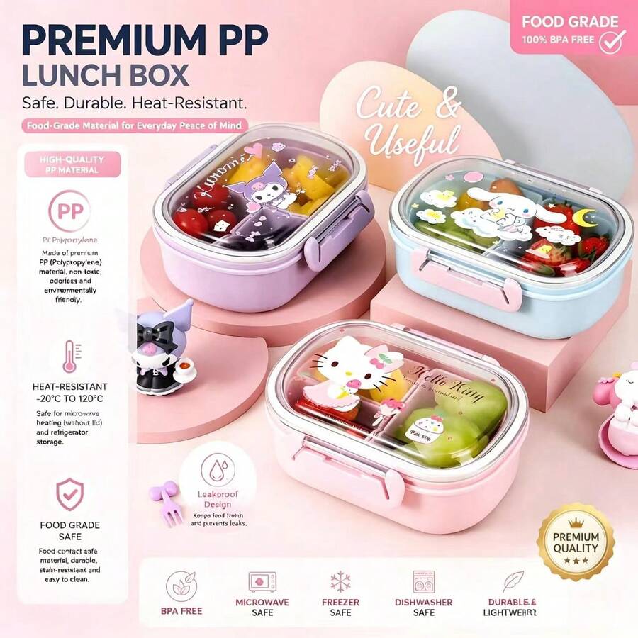 Sanrio品牌兒童分格食物儲存盒/便當盒，便攜式，方便存放水果，可微波或冷藏，高吸引力密封防漏