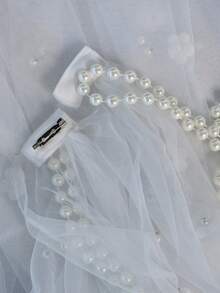 1 Stück weißer weicher Tüll bodenlanger Brautumhang mit Kunstperlen und Blumendekor, Hochzeitskleid Schal, Abendparty Accessoire - Weiss - Übersicht 5