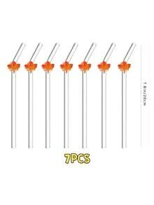 4/7PCS Maple Leaf Decor Curved Glass Straw, Chic Autumn Table Accent For Women's Gifting, Compatible With Afternoon Tea, Bubble Tea And Fruit Juice For Thanksgiving Family Reunion Layouts. - View 9