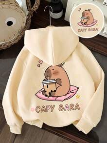 Girls' Cartoon Pattern Warm Hooded Sweatshirt - Apricot - View 1