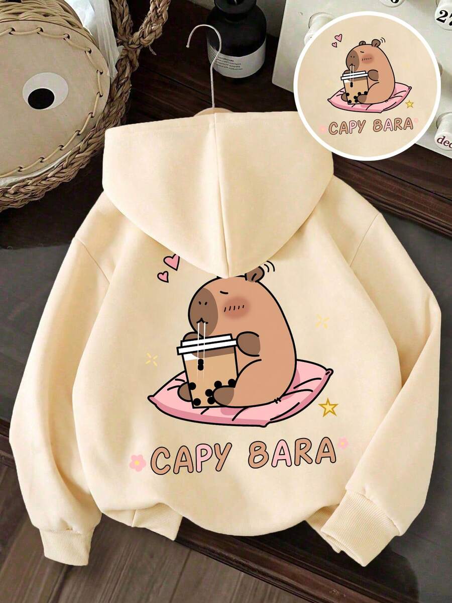 Girls' Cartoon Pattern Warm Hooded Sweatshirt - Apricot - View 1