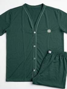 Men's Button-Down Post-Surgical Pajamas, Short Sleeves, Senior Style, High-Quality Knit Fabric - Army Green - View 3