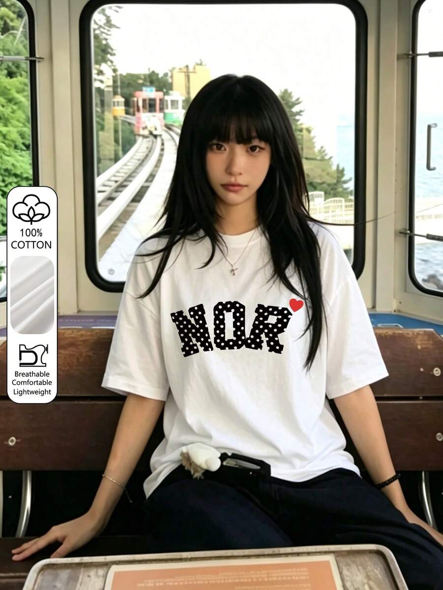 日式大尺碼女款夏季寬鬆街頭時尚波點字母卡通印花純棉短袖T恤休閒白色 - 白色 - 查看 1