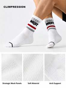 CLIMPRESSION Men's Pure Cotton Mid-Calf Socks, Classic Letter NEST Print, Red & Grey Striped Cuff, Breathable Preppy Casual Socks - White - View 5