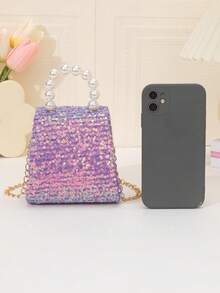 Sequin Plaid Bow Mini Handbag With Pearl Handle And Chain Strap, Sweet Elegant Small Square Crossbody Bag - Sequined Version - View 7