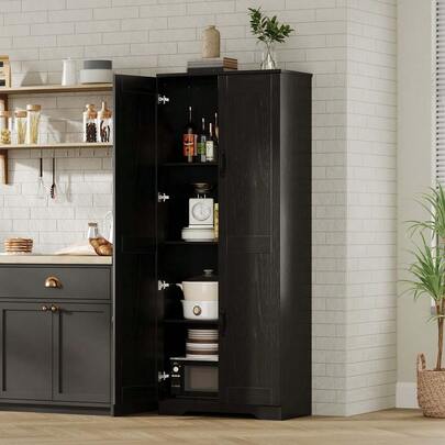 Gaderth Kitchen Pantry Storage Cabinet,Tall Kitchen Pantry Cabinet,Freestanding Wood Cupboard,4 Tier Food Pantry With 2 Doors & Adjustable Shelves For Dining Living Room Bathroom